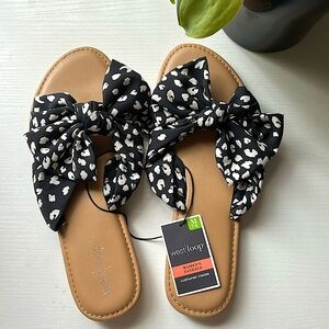 NWT West Loop Black and White spotted bow Women's Slippers sandals size M 7-8